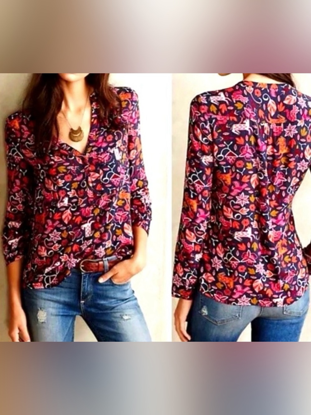 Maeve Black with Red and Pink Multi Floral V-Neck Long Sleeve Blouse - Size 6